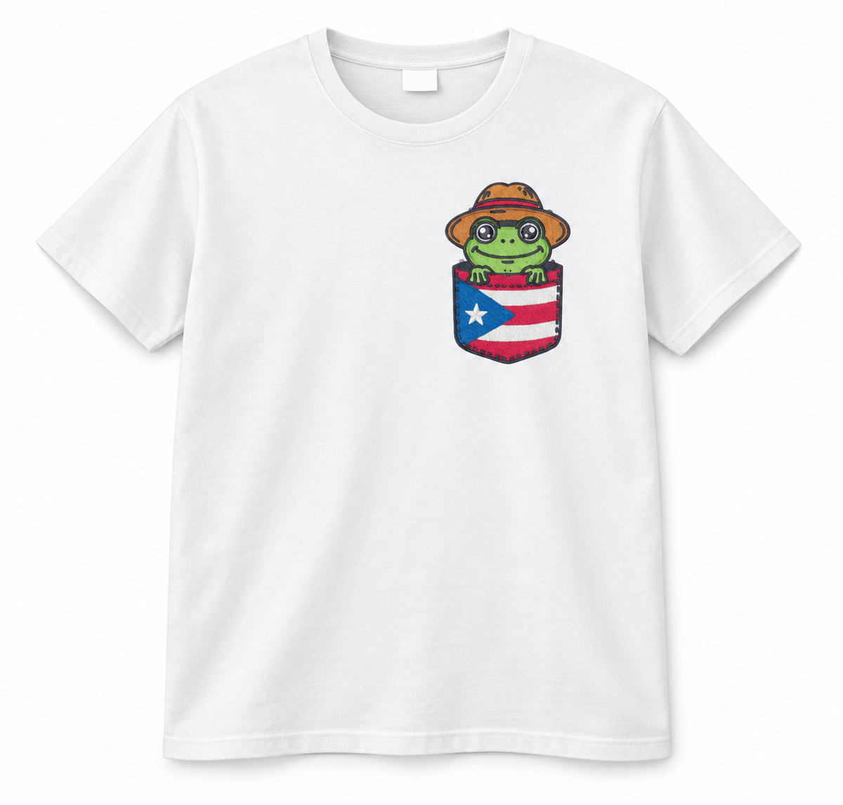 “White T-shirt with a green Coquí frog wearing a straw hat above a Puerto Rico flag pocket-style chest design.”