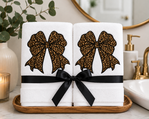 Leopard Bow Embroidered Hand Towel Set
